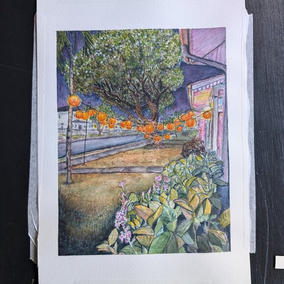 Original Watercolor - Pumpkin Lantern Tree i: Indigo Sky - Painting - Picture 3 of 6